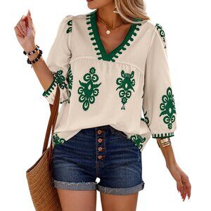 Green White Geo Print V-Neck Blouse Loose Fit Puff Sleeves S-XL Comfy Top